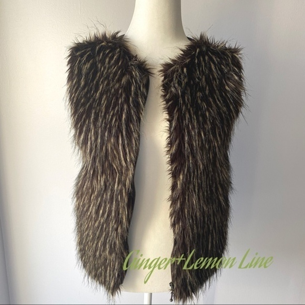 KIKIT Vintage Faux  Black Brown Shaggy Fur Zippered Vest Small EUC